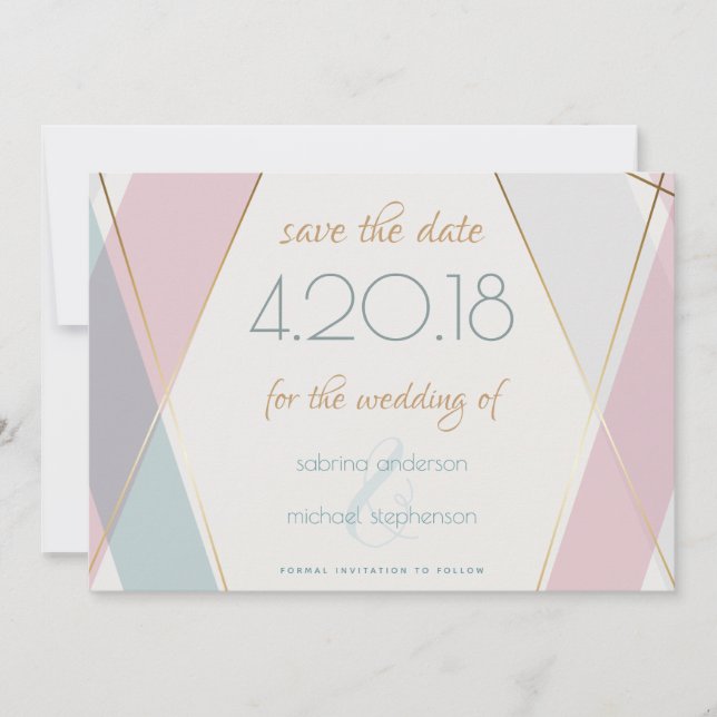 Contemporary Modern Geometric Stripes Teal Rose Save The Date (Front)