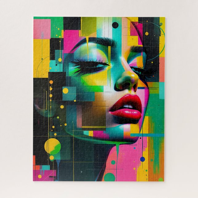 Contemporary Modern Portrait Women Green Pink  Jigsaw Puzzle (Vertical)