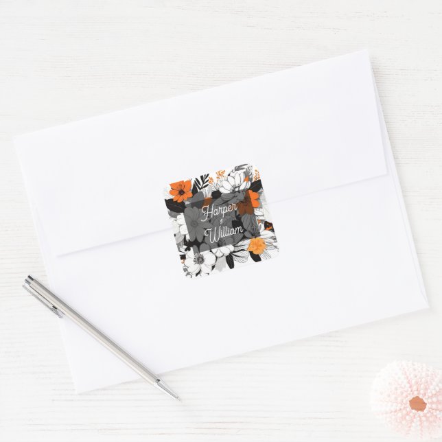 Contemporary monochrome orange flowers wedding square sticker (Envelope)