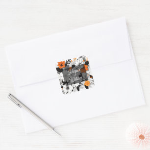 Contemporary monochrome orange flowers wedding square sticker
