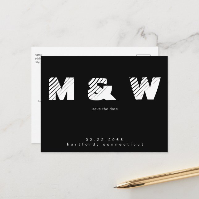 Contemporary Monogram B/W Simple Save the Date Announcement Postcard (Front/Back In Situ)