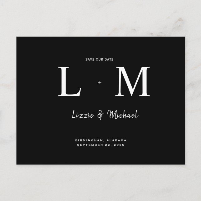 Contemporary Monogram Black Save Our Date Wedding Postcard (Front)