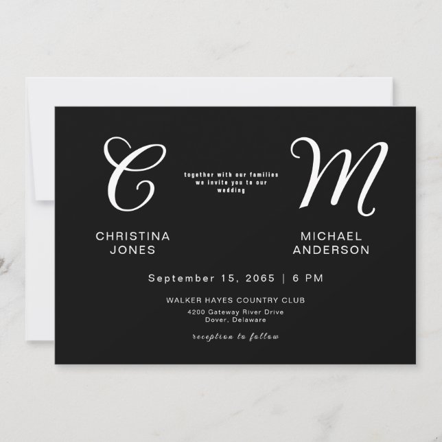 Contemporary Monogram Black Wedding Invitation (Front)