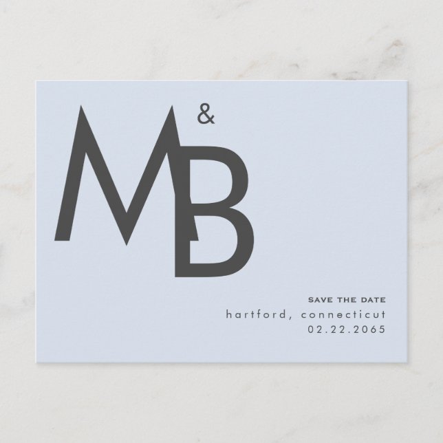 Contemporary Monogram Dusty Blue Save the Date  Postcard (Front)