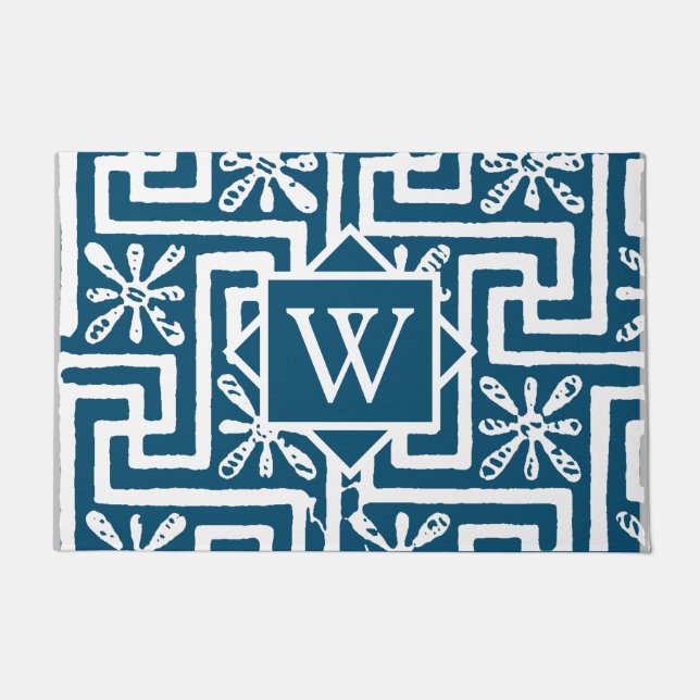 Contemporary Monogram greek key modern design blue Doormat (Front)