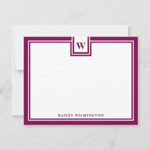 Contemporary Monogram Wine Red Border Stationery Card