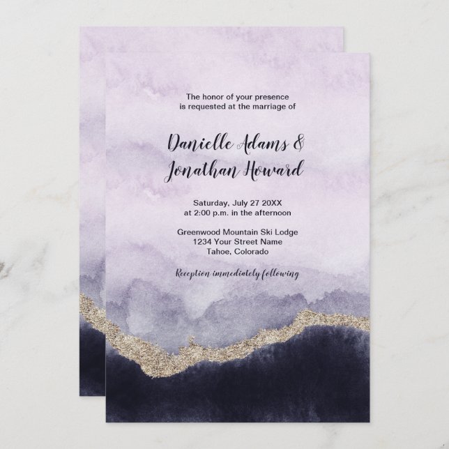 Contemporary Navy Lavender Marble Gold Wedding Invitation (Front/Back)