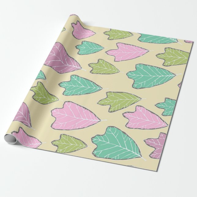 Contemporary Pastel Oak Leaves Pattern Wrapping Paper (Unrolled)