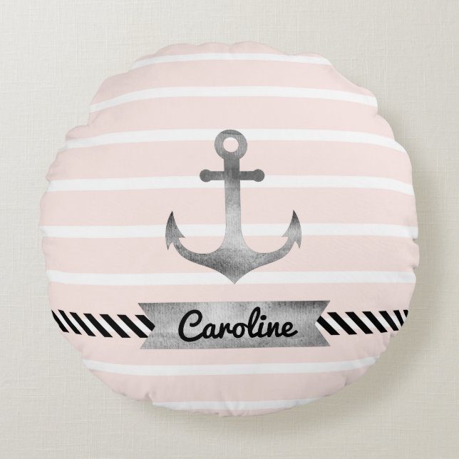 Contemporary Pink Stripes Anchor Personalized Round Pillow (Front)