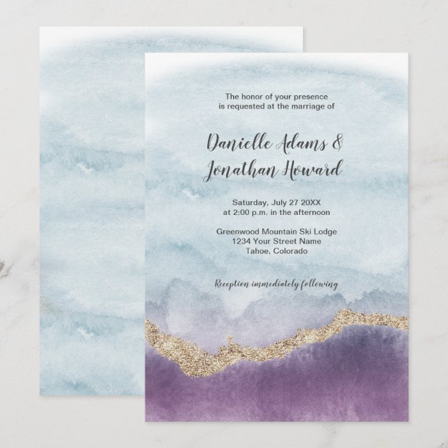 Contemporary Purple Turquoise Gold Marble Wedding Invitation (Front/Back)
