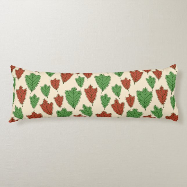Contemporary Red and Green Oak Leaves Pattern Body Pillow (Front)
