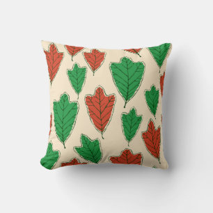 Contemporary Red and Green Oak Leaves Pattern Throw Pillow