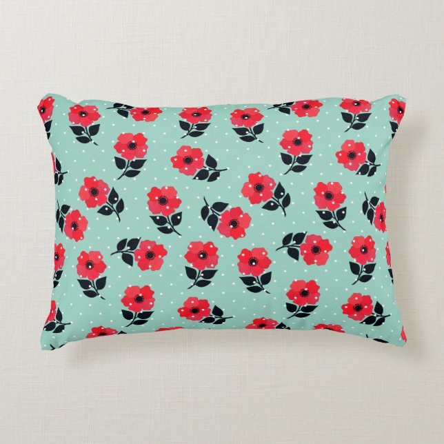 Contemporary Red Aqua Floral Pattern Decorative Pillow (Front)
