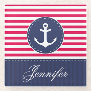 Contemporary Red Blue Anchor Custom Name Glass Coaster