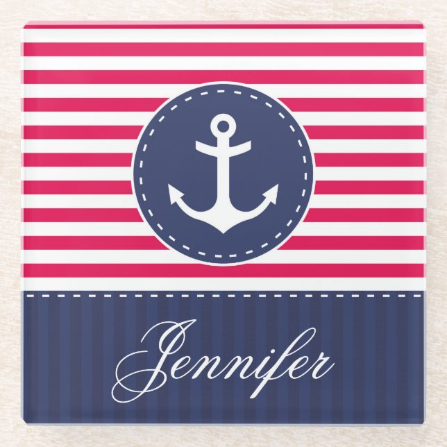 Contemporary Red Blue Anchor Custom Name Glass Coaster (Front)
