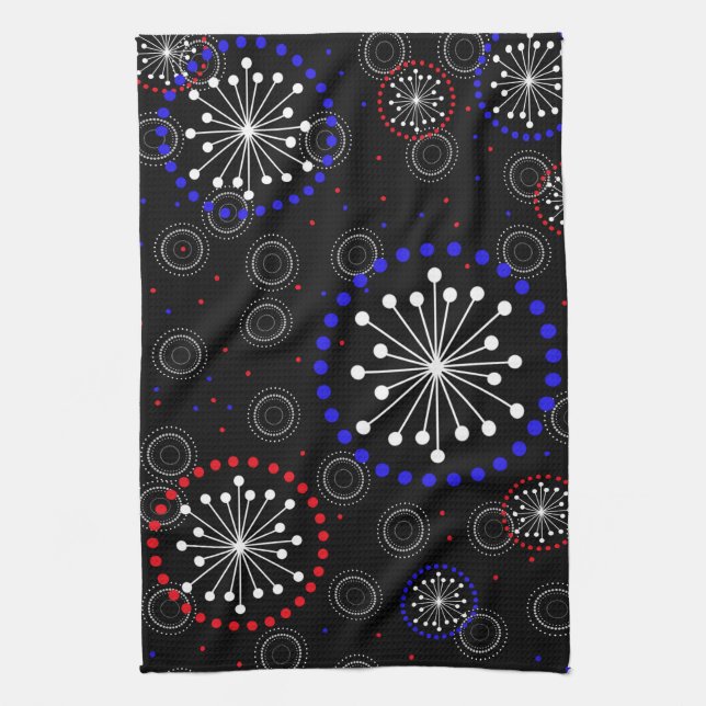 Contemporary Red White Blue Fireworks Kitchen Towel (Vertical)