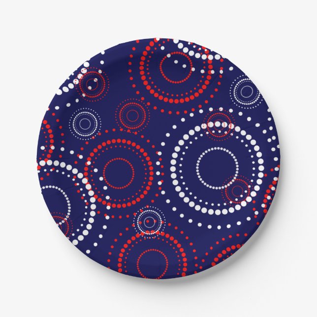 Contemporary Red White Fireworks on Blue Paper Plate (Front)