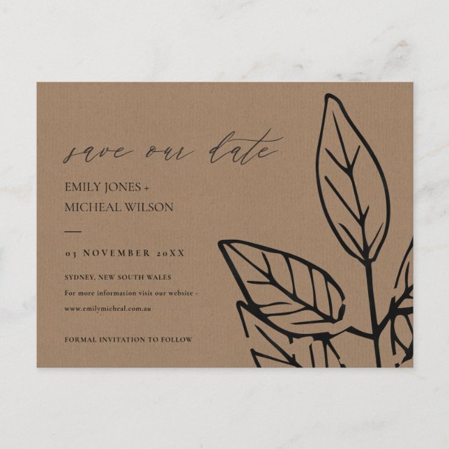 CONTEMPORARY RUST BROWN LEAVES SAVE THE DATE ANNOUNCEMENT POSTCARD (Front)