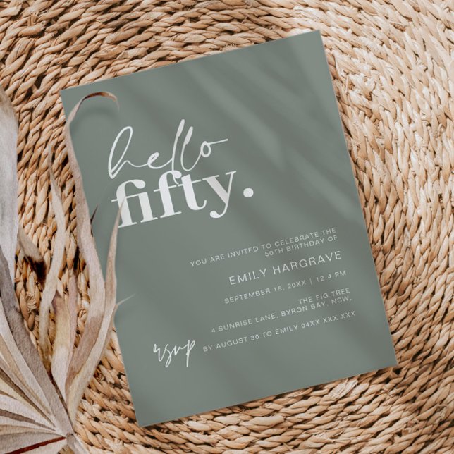 Contemporary Sage Hello Fifty 50th Birthday Party Invitation (Creator Uploaded)