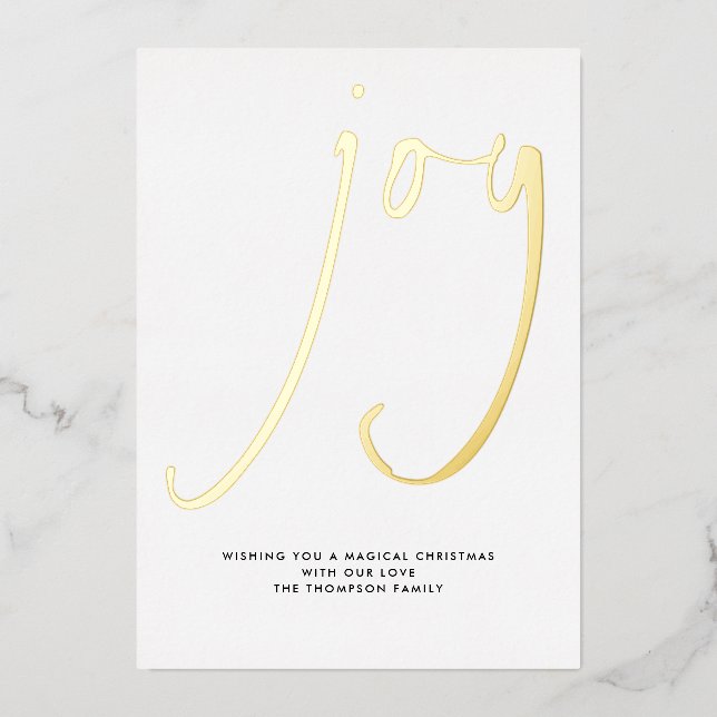 Contemporary Script Joy Christmas Gold Foil Holiday Card (Front)