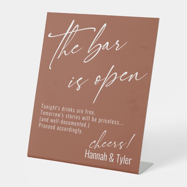 Contemporary Script Terracotta The Bar is Open Pedestal Sign (Front)