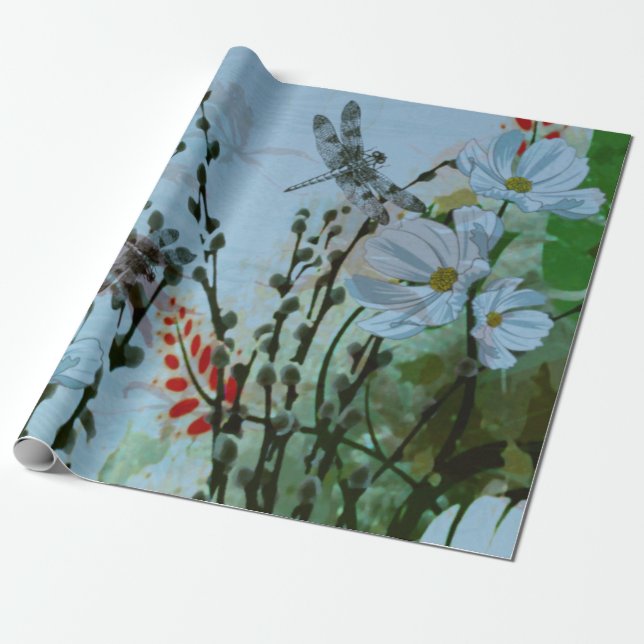 Contemporary Silver-wing Dragonflies / Floral Wrapping Paper (Unrolled)