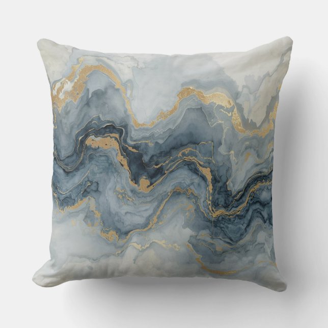 Contemporary Smoky Blue Gray Gold White Abstract  Throw Pillow (Front)
