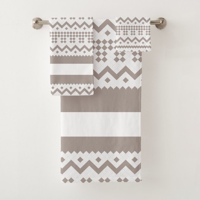 Contemporary Taupe and White Geometrics  Bath Towel Set (Insitu)