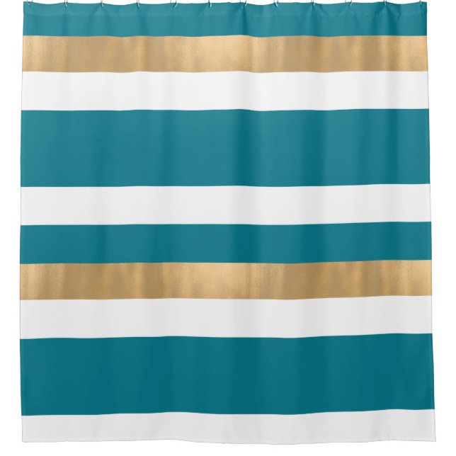 Contemporary Teal White and Gold  Shower Curtain (Front)
