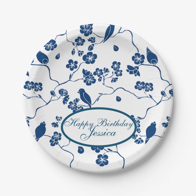 Contemporary Toile Birds & Florals Paper Plate (Front)