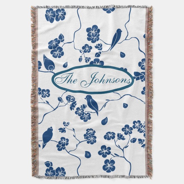 Contemporary Toile Birds & Florals Throw Blanket (Front Vertical)