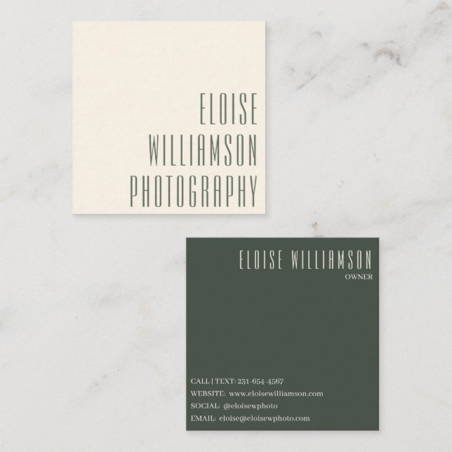 Contemporary Trendy Chic Bold Dark Green Modern Square Business Card (Front/Back)