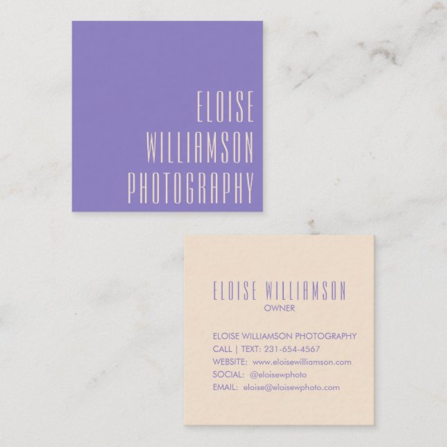 Contemporary Trendy Chic Bold Typography Purple Square Business Card (Front/Back)