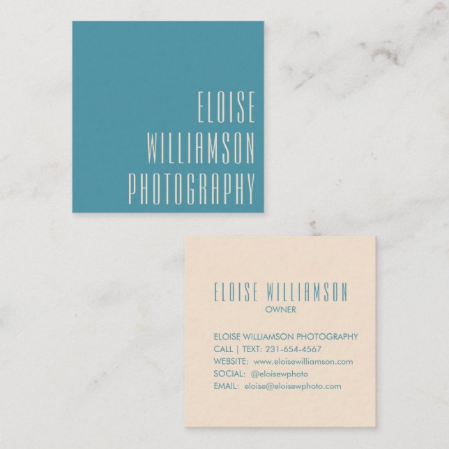 Contemporary Trendy Chic Bold Typography Teal Blue Square Business Card (Front/Back)