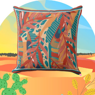 Contemporary Tropical Leaves in Red Teal Orange Throw Pillow