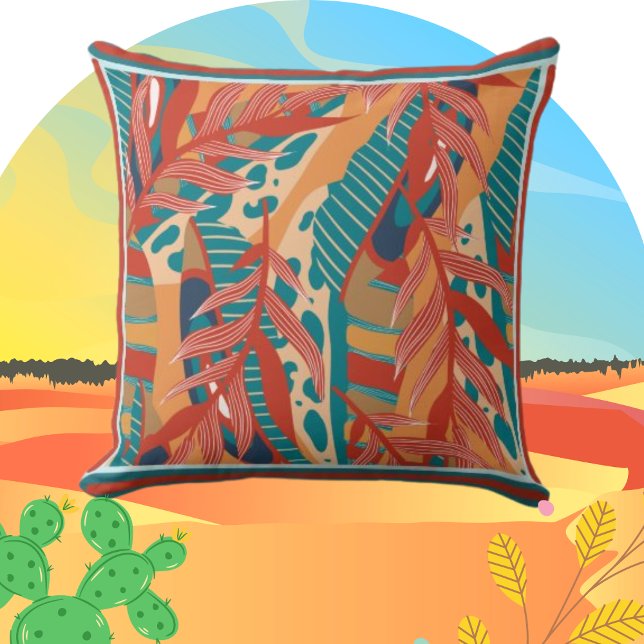 Contemporary Tropical Leaves in Red Teal Orange Throw Pillow (Creator Uploaded)