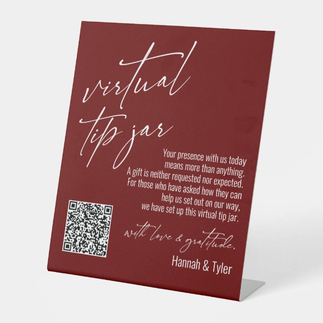 Contemporary Virtual Tip Jar QR Code Burgundy Pedestal Sign (Front)