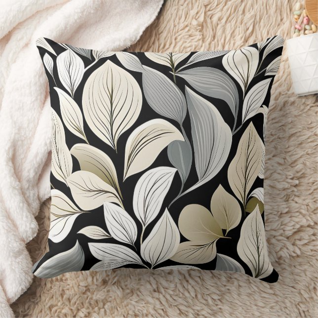 Contemporary Waldorf Leaf Pattern White Beige Grey Throw Pillow (Blanket)
