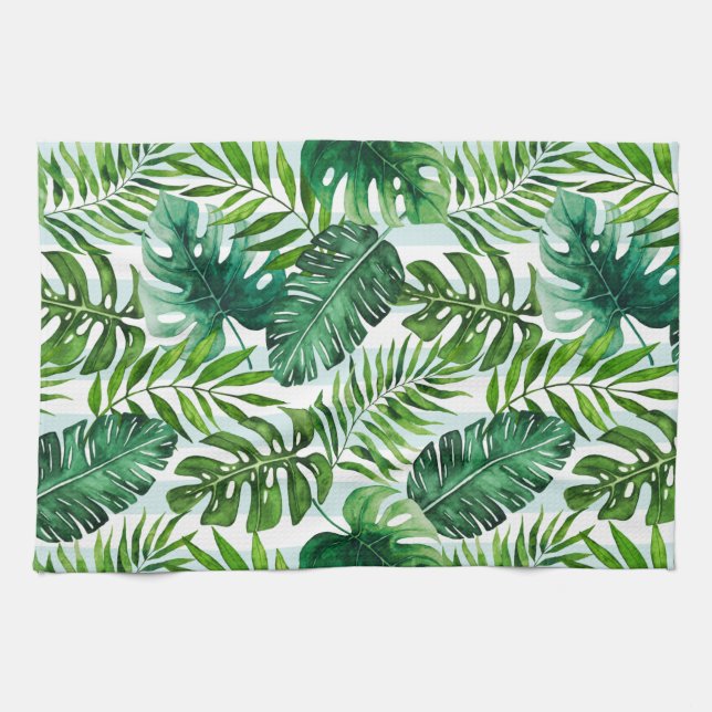 Contemporary Watercolor Tropical Leaves Green Kitchen Towel (Horizontal)