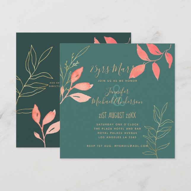 Contemporary WEDDING ANNIVERSARY Coral Turquoise Invitation (Front/Back)