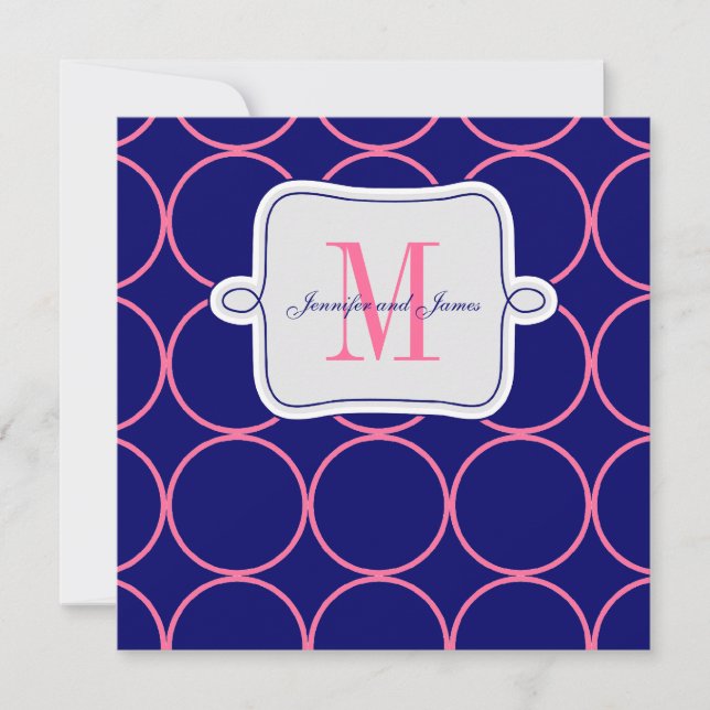 Contemporary Wedding Invitation Monogram Navy Pink (Front)