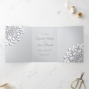 Contemporary White Papercut Mandala Wedding Tri-Fold Invitation