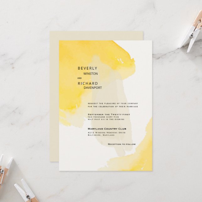Contemporary Yellow & Cream Paint Swash Wedding II Invitation (Front/Back In Situ)