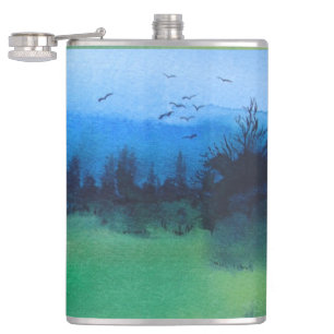contempory abstract design of colourful landscape hip flask