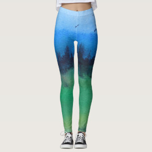 contempory abstract design of colourful landscape leggings