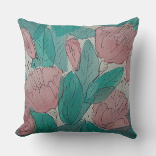 contempory sketchy fuschia flowers and leaves art throw pillow
