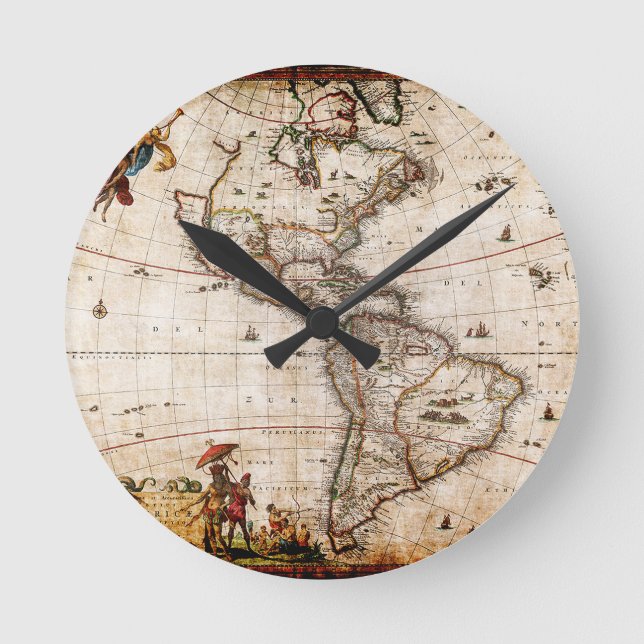 Continent of America Old Map Round Clock (Front)