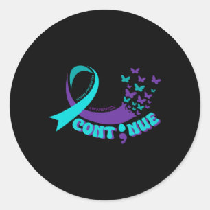 Continue Semicolon Butterfly Purple Teal Ribbon Fo Classic Round Sticker