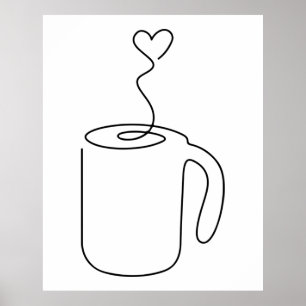 continuous line drawing of hot coffee cup saucer p poster