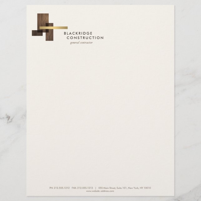 Contractor Construction Wood Gold Logo Ivory Letterhead (Front)